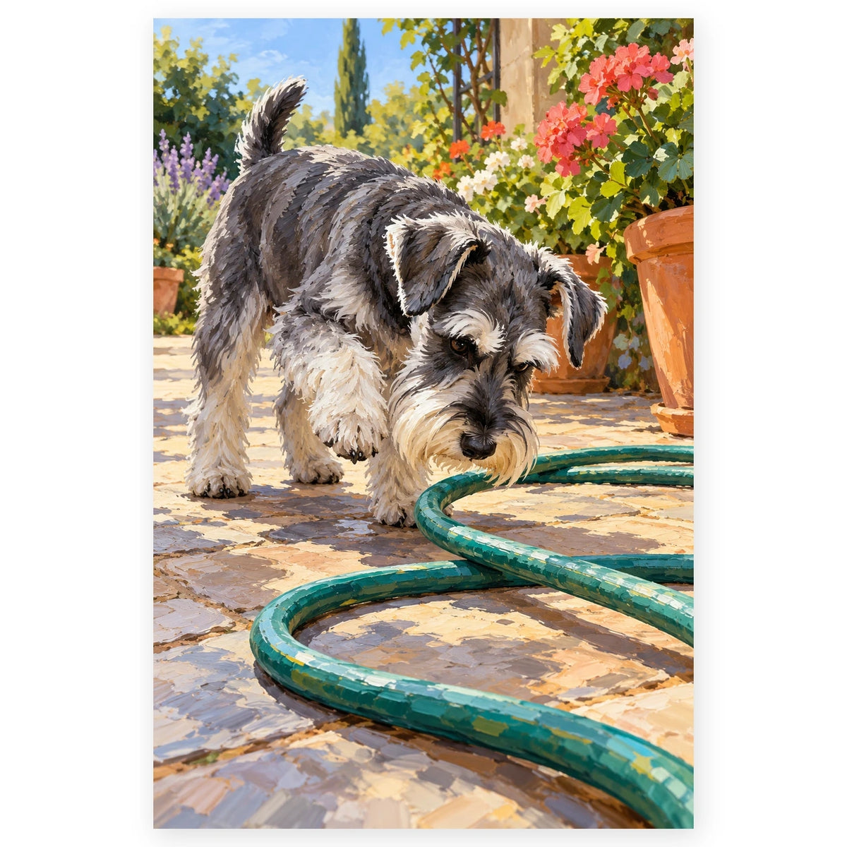 Schnauzer with a Garden Hose paint by numbers artwork on a front-facing canvas against a white background