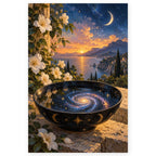 A black scrying bowl filled with a swirling galaxy sits before a crescent moon and sunset over a coastal lake. Full original portrait artwork on a clean white background with a subtle soft shadow and original proportions preserved.