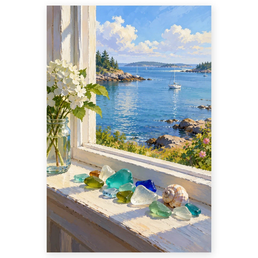 Full sea glass window display paint by numbers artwork on a clean white background.