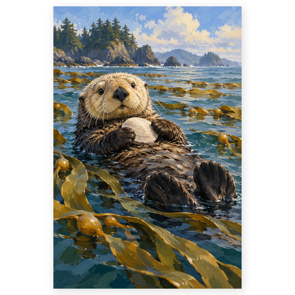 Sea Otter with Kelp and Shell paint by numbers artwork on a front-facing canvas against a white background