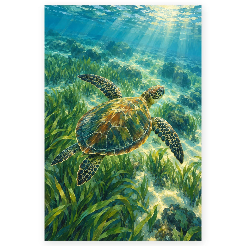 Sea Turtle above Seagrass paint by numbers artwork on a front-facing canvas against a white background