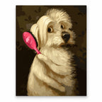 Shaggy Puppy with a Pink Hairbrush artwork on a front-facing frameless canvas against a white background.