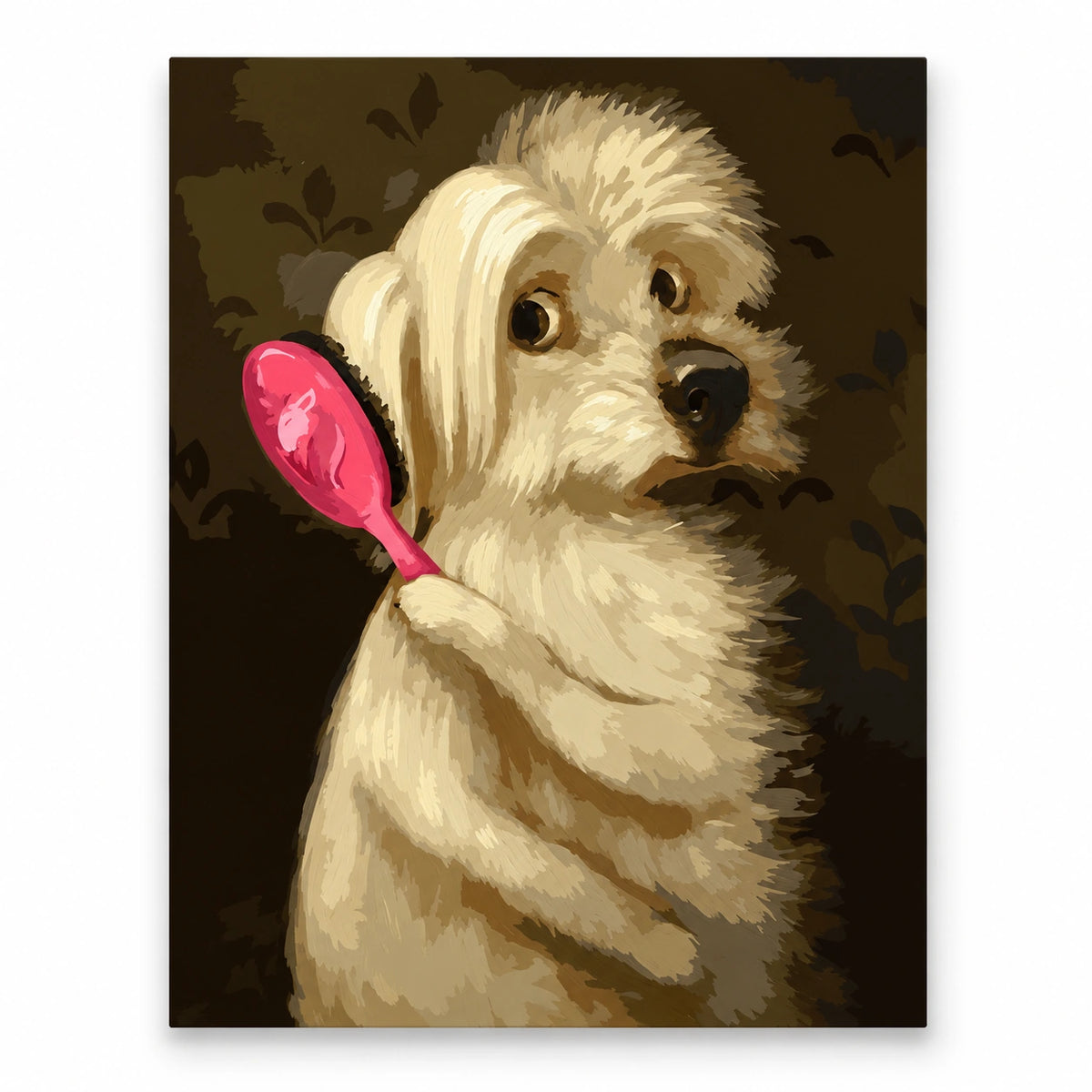 Shaggy Puppy with a Pink Hairbrush artwork on a front-facing frameless canvas against a white background.