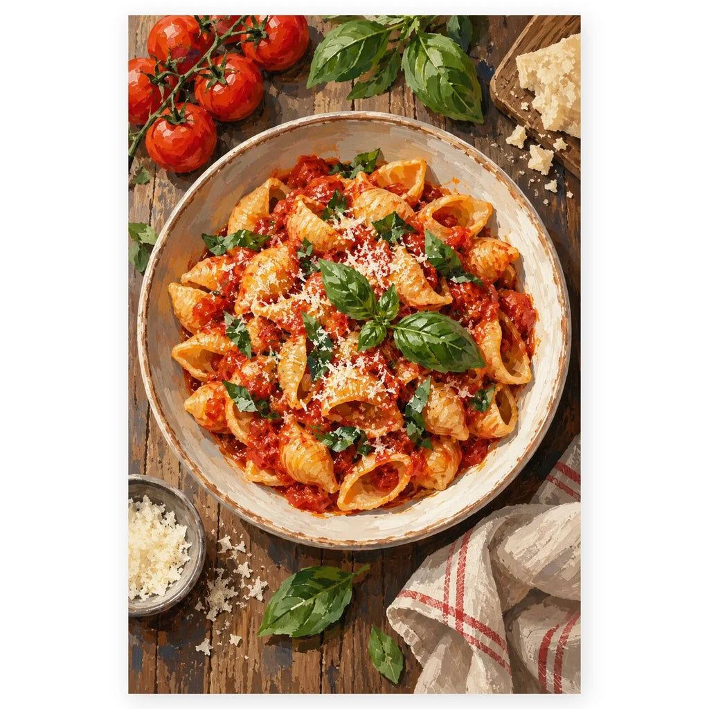 Shell Pasta Red Sauce Bowl paint by numbers artwork on a front-facing canvas against a white background
