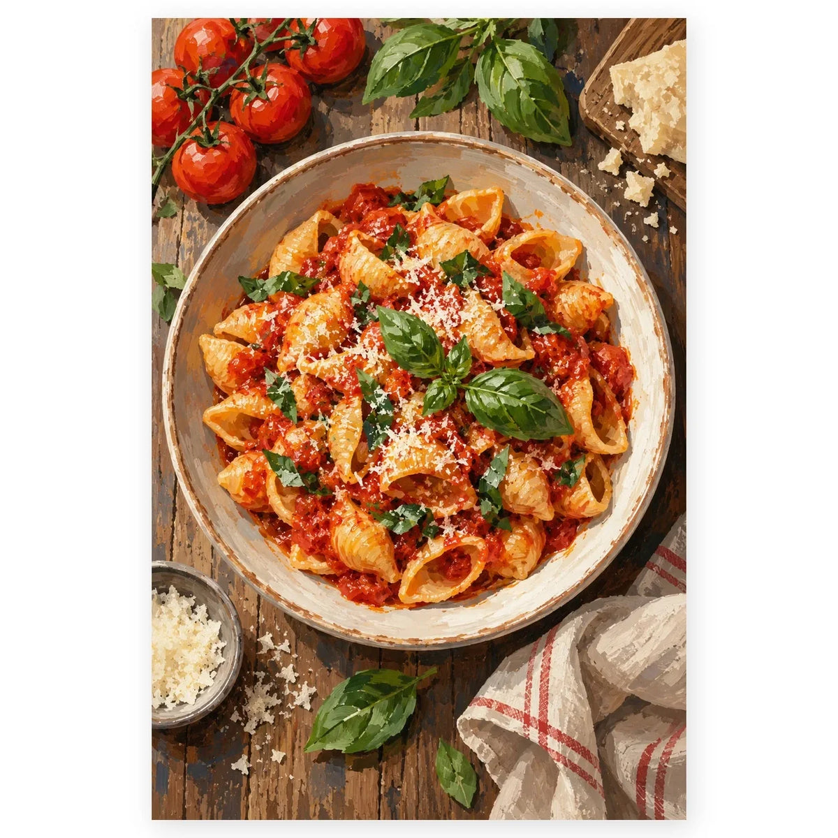 Shell Pasta Red Sauce Bowl paint by numbers artwork on a front-facing canvas against a white background