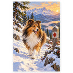 Sheltie on a Snowshoe Walk paint by numbers artwork on a front-facing canvas against a white background