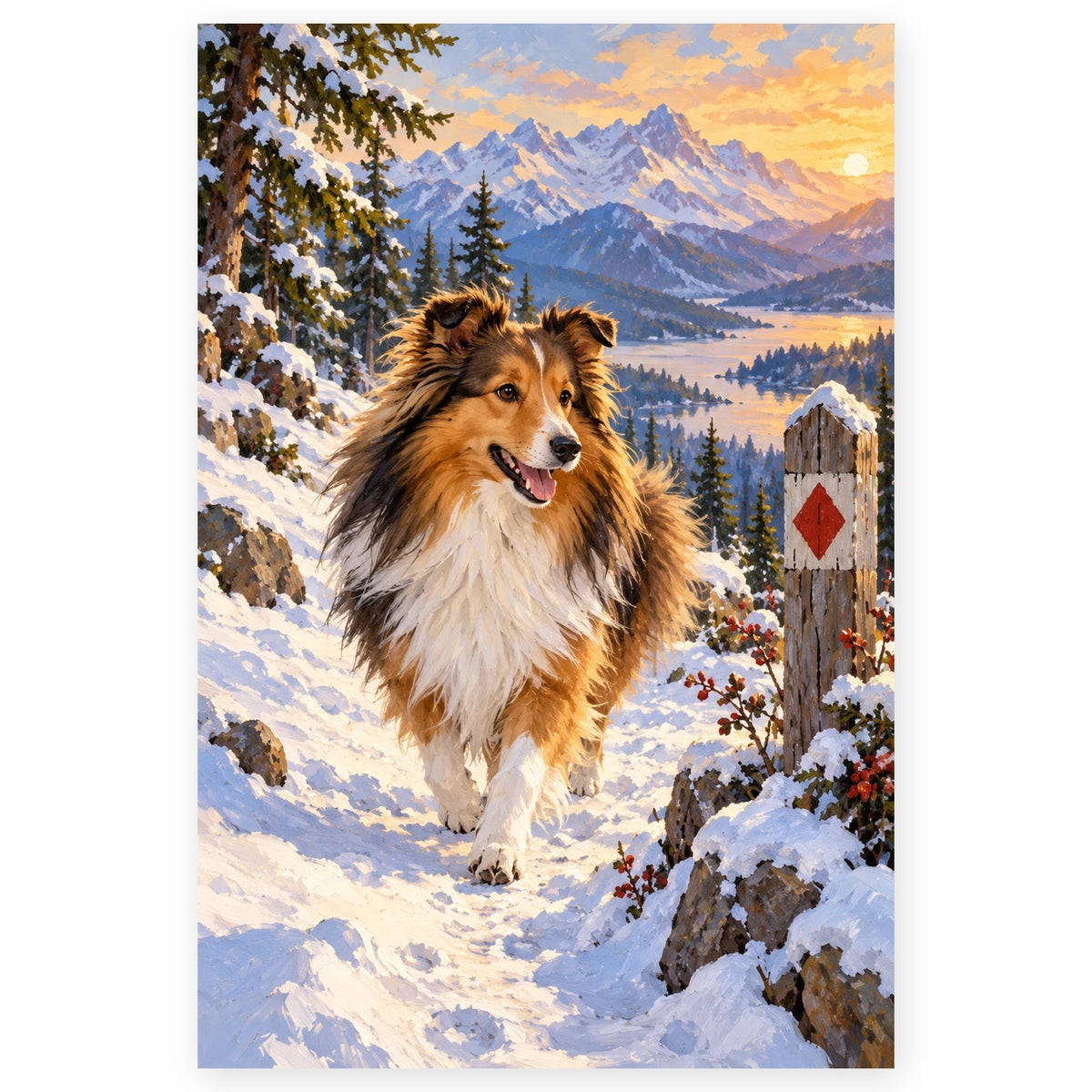Sheltie on a Snowshoe Walk paint by numbers artwork on a front-facing canvas against a white background