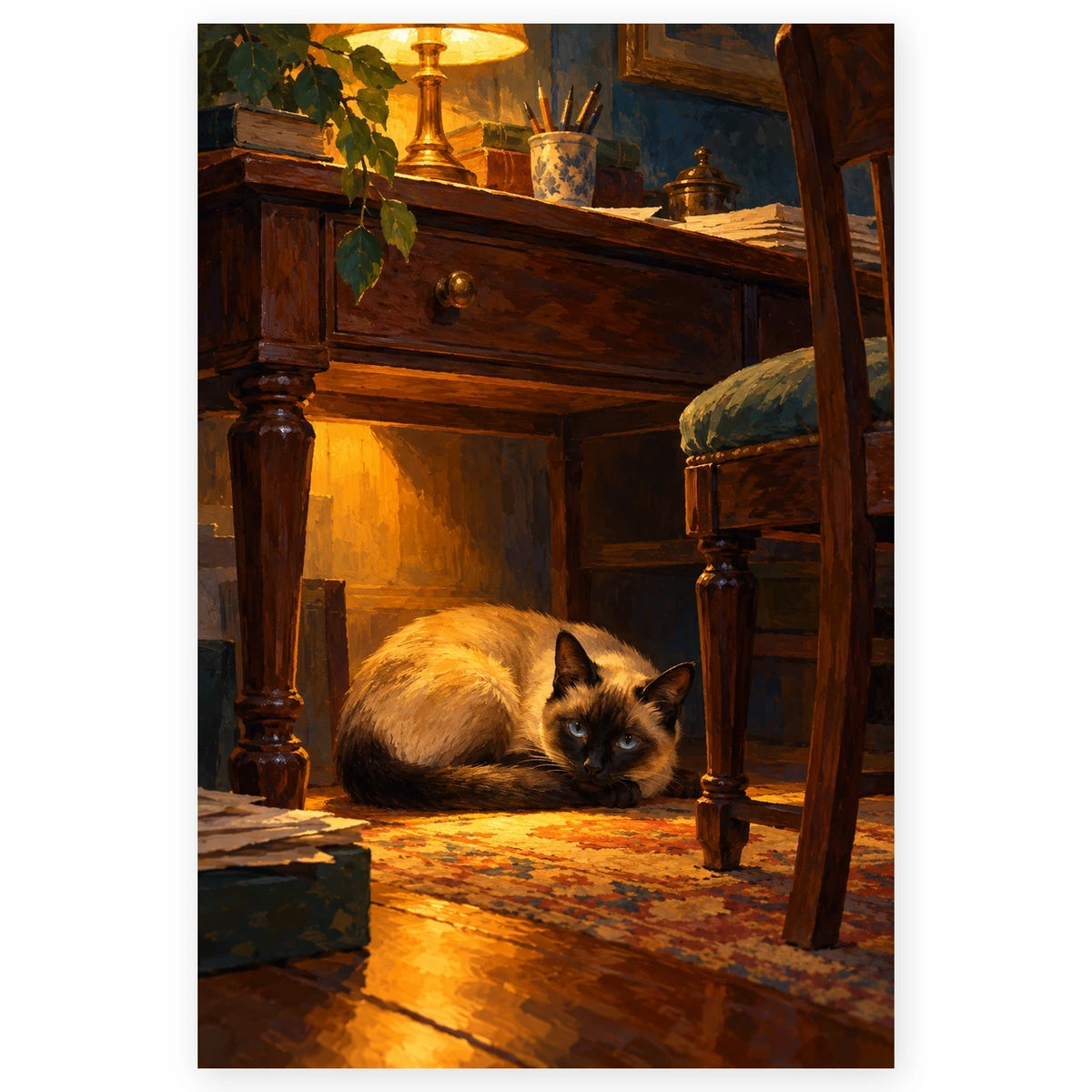 Siamese Cat under a Desk Lamp paint by numbers artwork on a front-facing canvas against a white background