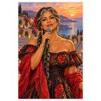 A woman singer holds a microphone at an outdoor stone amphitheater overlooking the sea at sunset. Full original portrait artwork on a clean white background with a subtle soft shadow and original proportions preserved.