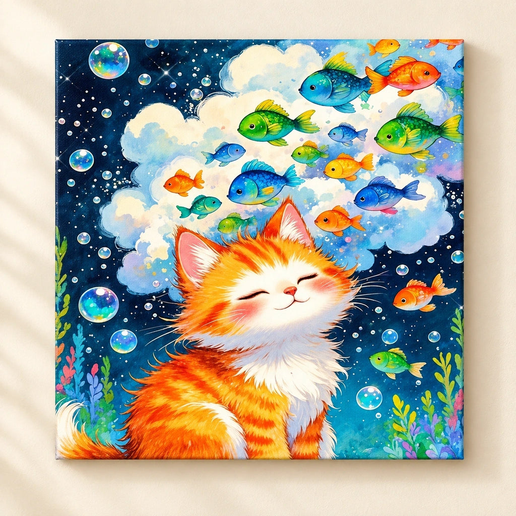 Sleepy Orange Cat Underwater Fish Galaxy paint by numbers artwork on a front-facing canvas against a white background