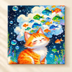 Sleepy Orange Cat Underwater Fish Galaxy paint by numbers artwork on a front-facing canvas against a white background