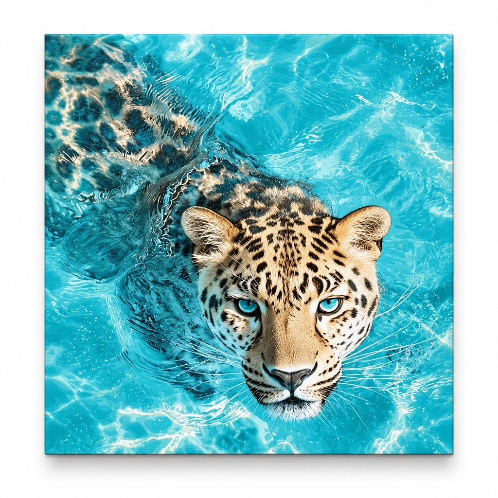 Snow Leopard in Turquoise Water paint by numbers artwork on a front-facing canvas against a white background