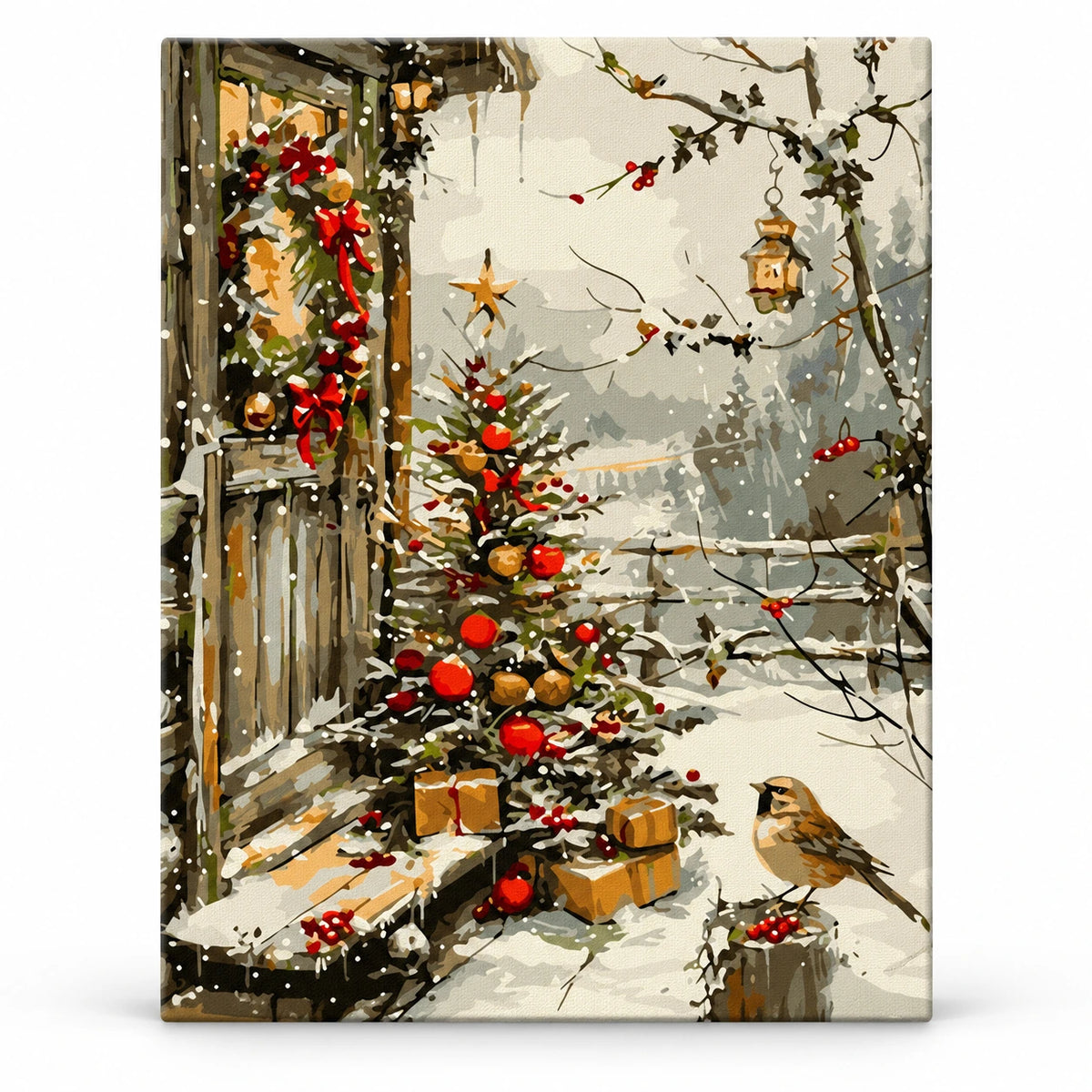 Snowbound Christmas Grove paint by numbers artwork on a front-facing canvas against a white background
