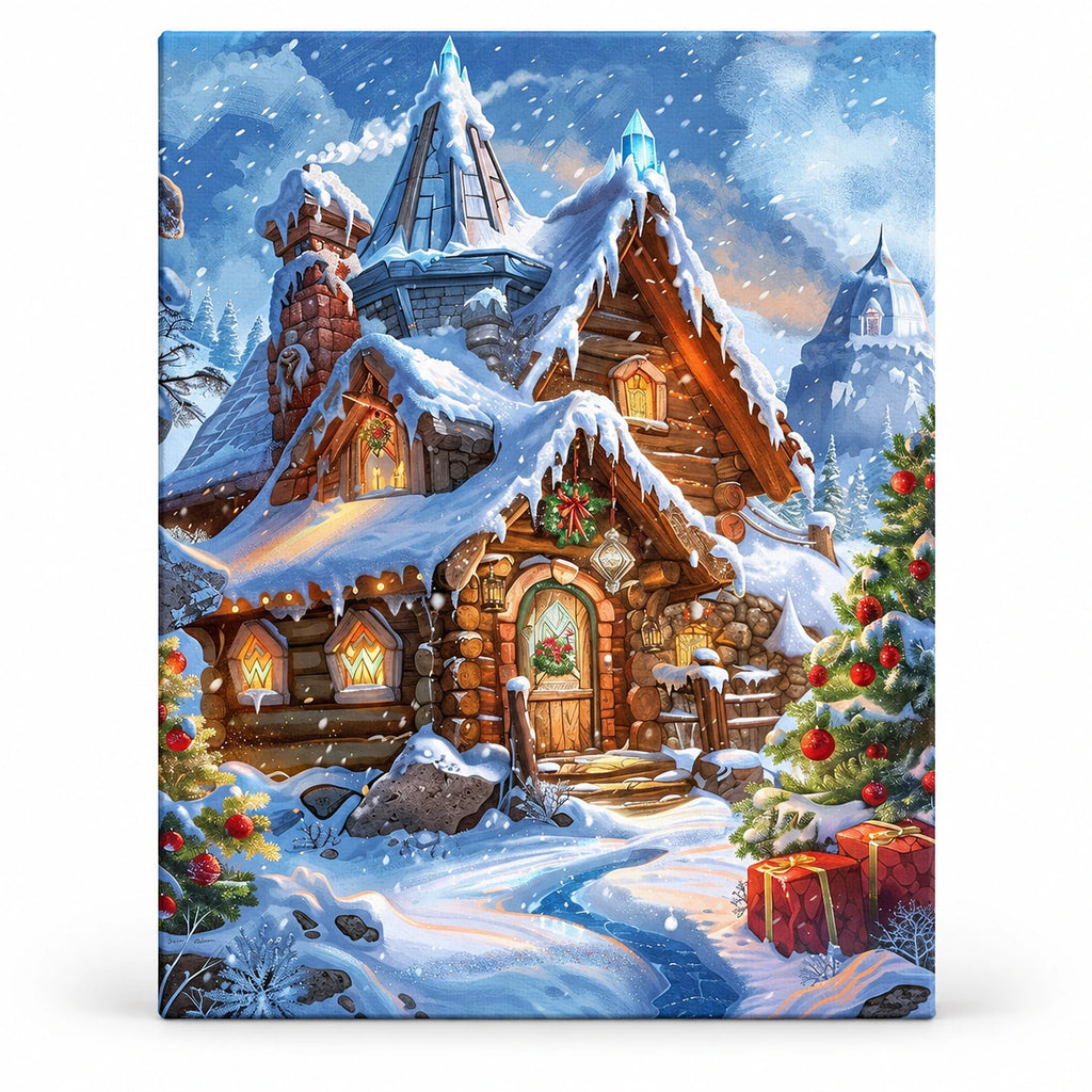 Snowfall at Christmas Village paint by numbers artwork on a front-facing canvas against a white background