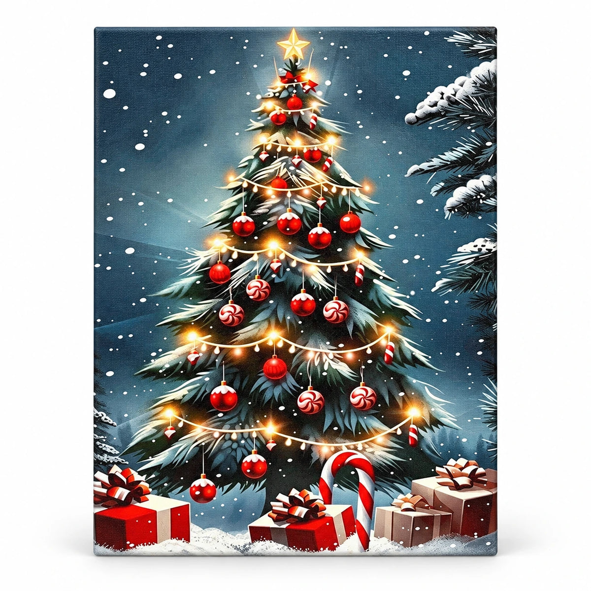 Snowfall Beneath Christmas Lights paint by numbers artwork on a front-facing canvas against a white background