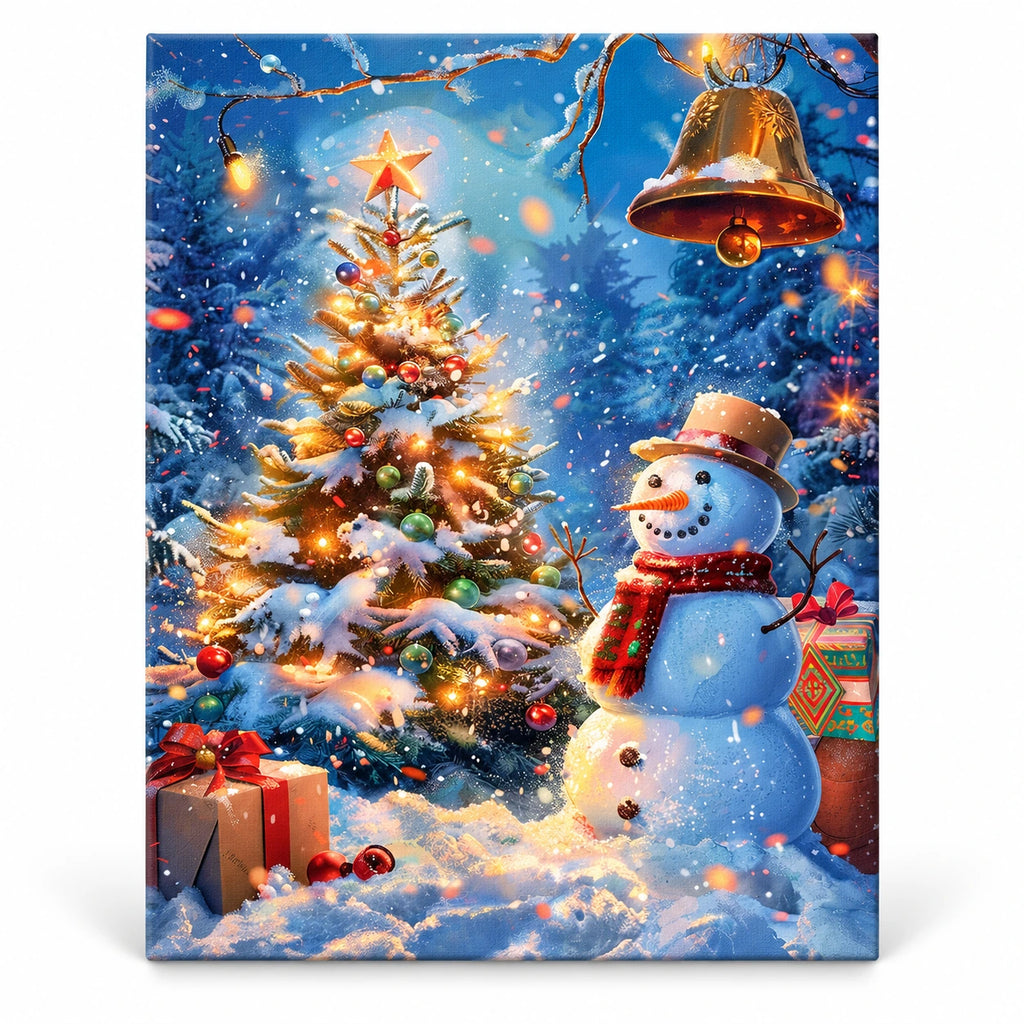 Snowfall Christmas Glow Snowman paint by numbers artwork on a front-facing canvas against a white background
