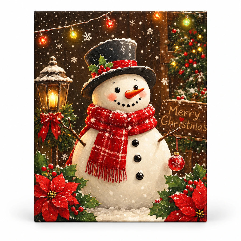 Snowfall Christmas Greeting Snowman paint by numbers artwork on a front-facing canvas against a white background