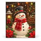 Snowfall Christmas Greeting Snowman paint by numbers artwork on a front-facing canvas against a white background