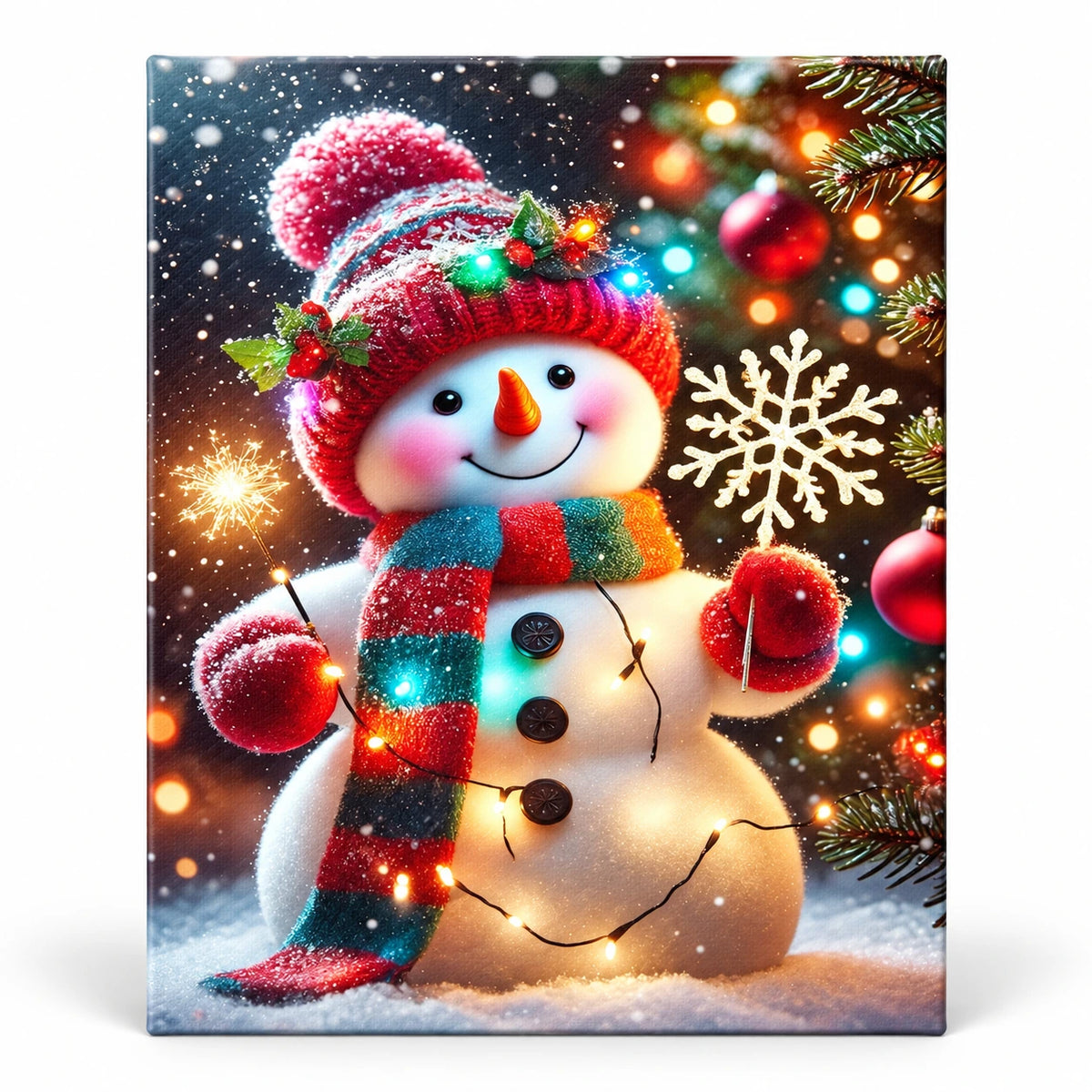 Snowfall Holiday Glow Snowman paint by numbers artwork on a front-facing canvas against a white background