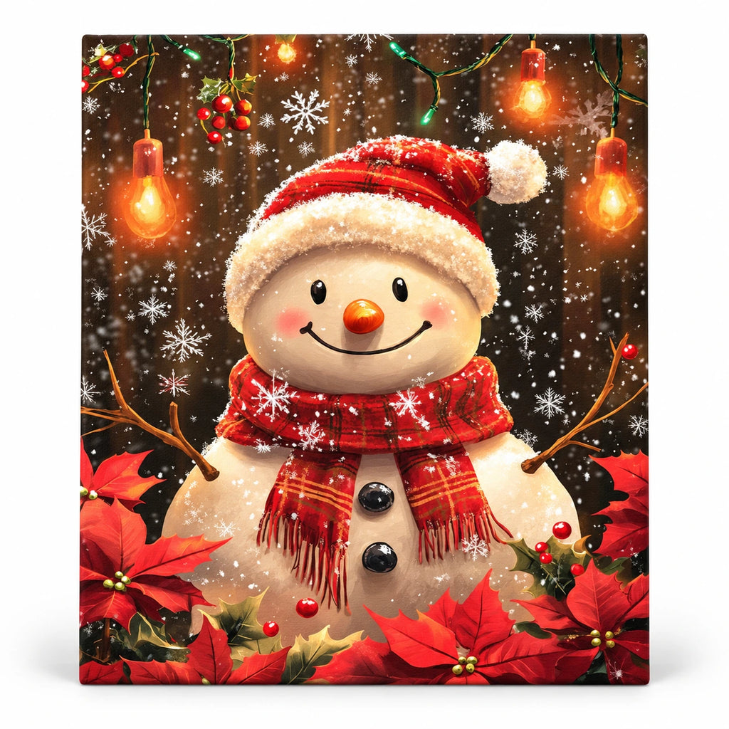 Snowfall Santa Snowman paint by numbers artwork on a front-facing canvas against a white background
