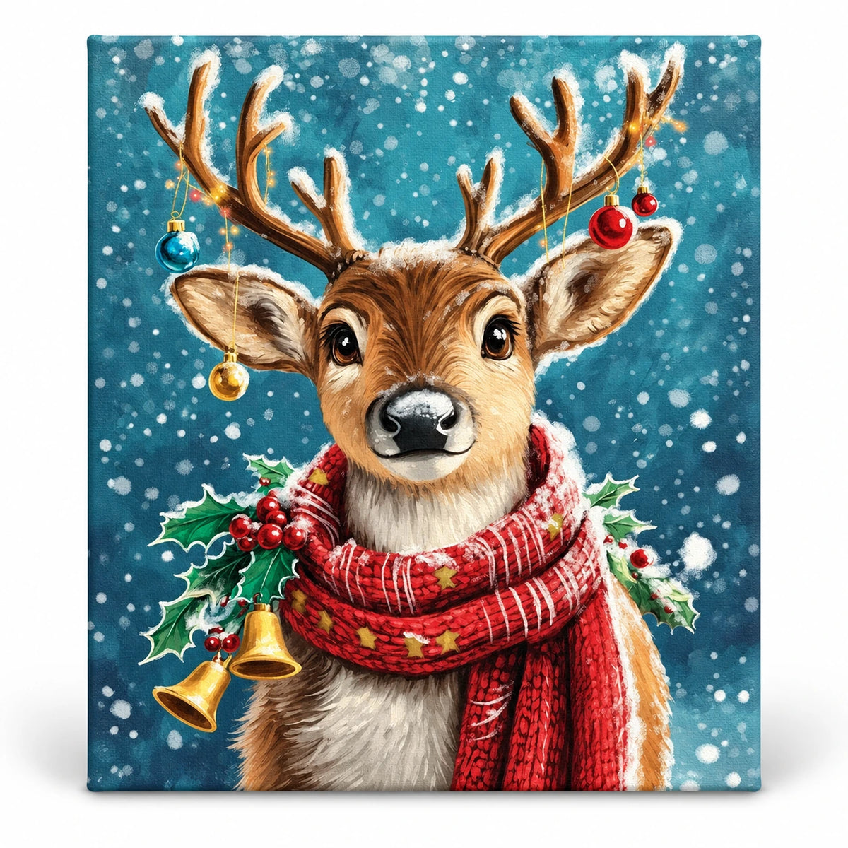 Snowfall Scarf Reindeer paint by numbers artwork on a front-facing canvas against a white background