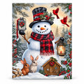 Snowfall Woodland Welcome Snowman paint by numbers artwork on a front-facing canvas against a white background