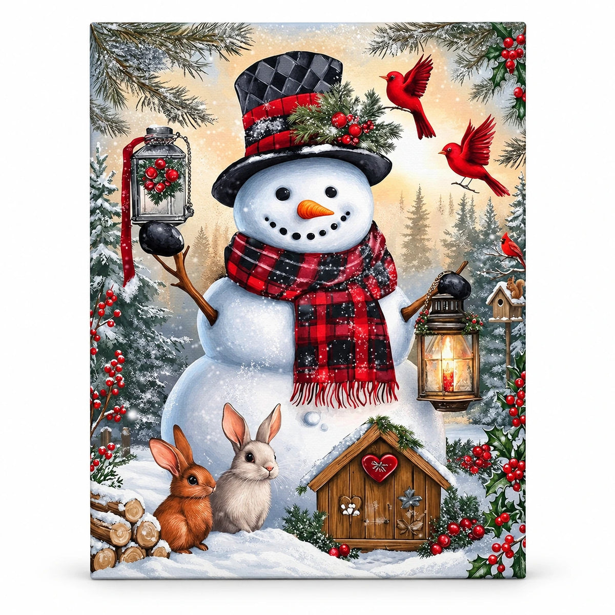 Snowfall Woodland Welcome Snowman paint by numbers artwork on a front-facing canvas against a white background