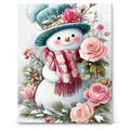 Snowman Among Winter Roses paint by numbers artwork on a front-facing canvas against a white background