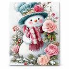 Snowman Among Winter Roses paint by numbers artwork on a front-facing canvas against a white background