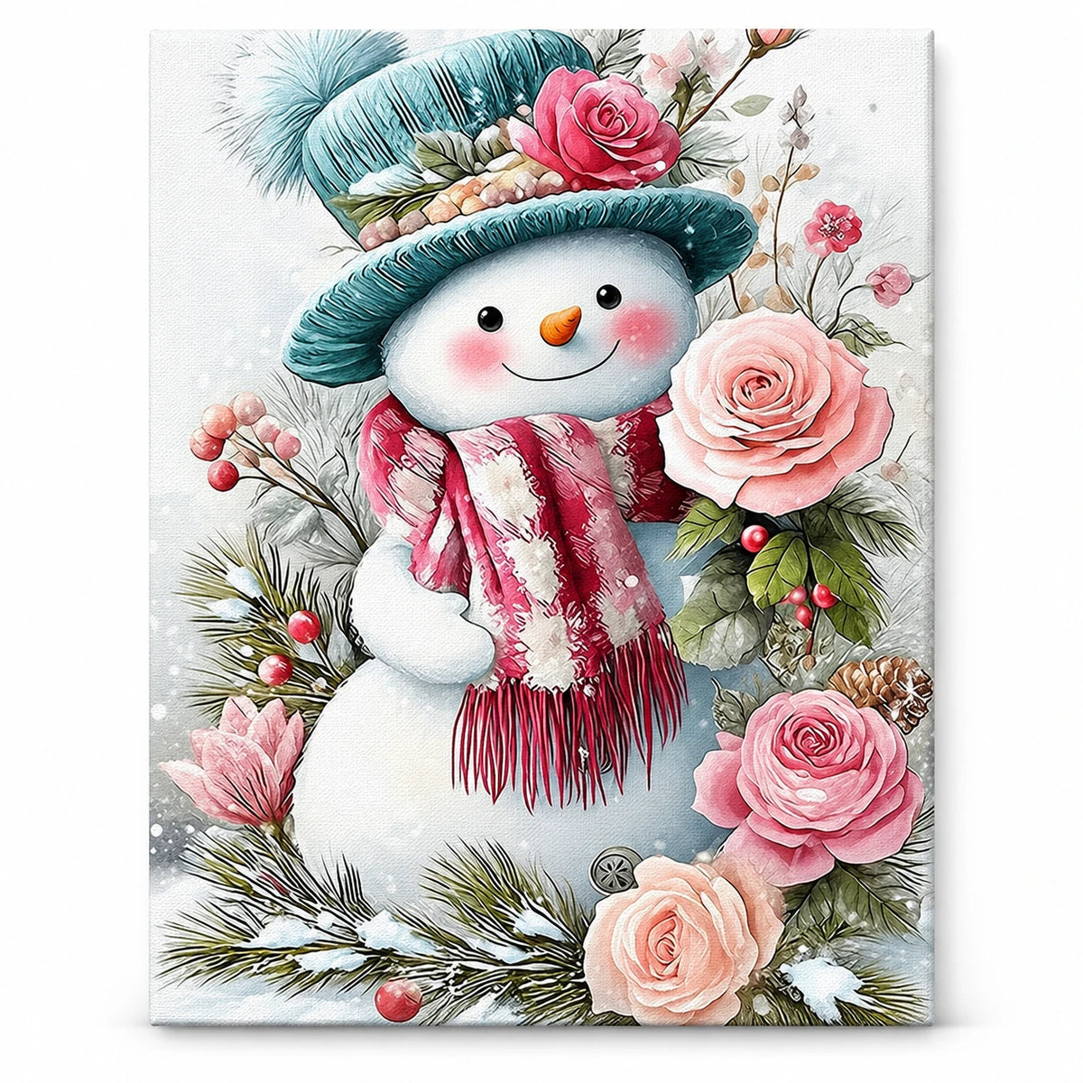 Snowman Among Winter Roses paint by numbers artwork on a front-facing canvas against a white background