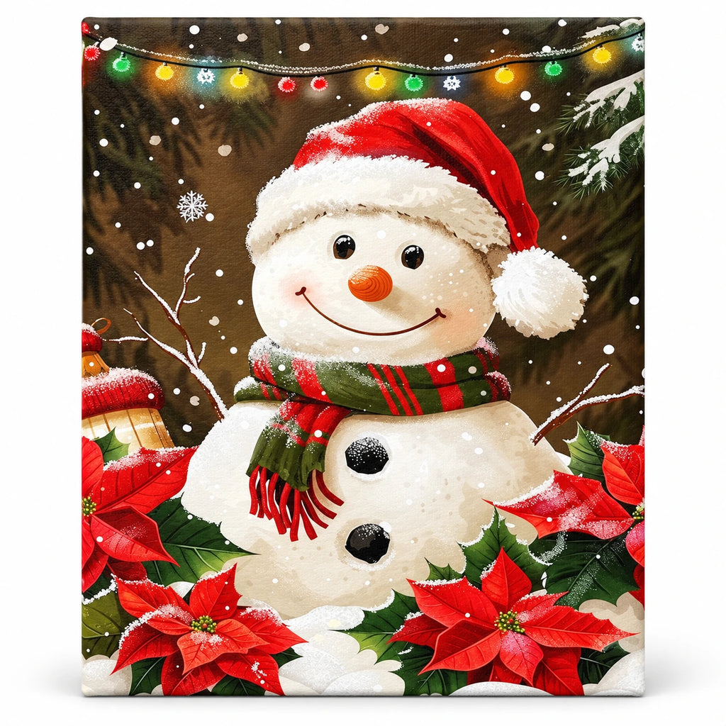 Snowman Poinsettia Celebration paint by numbers artwork on a front-facing canvas against a white background