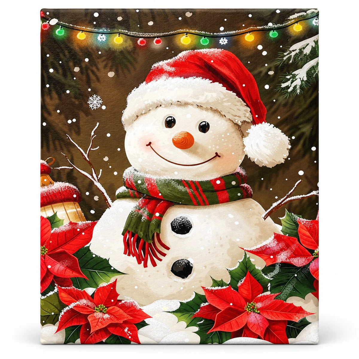 Snowman Poinsettia Celebration paint by numbers artwork on a front-facing canvas against a white background