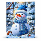 Snowman Winter Garden paint by numbers artwork on a front-facing canvas against a white background