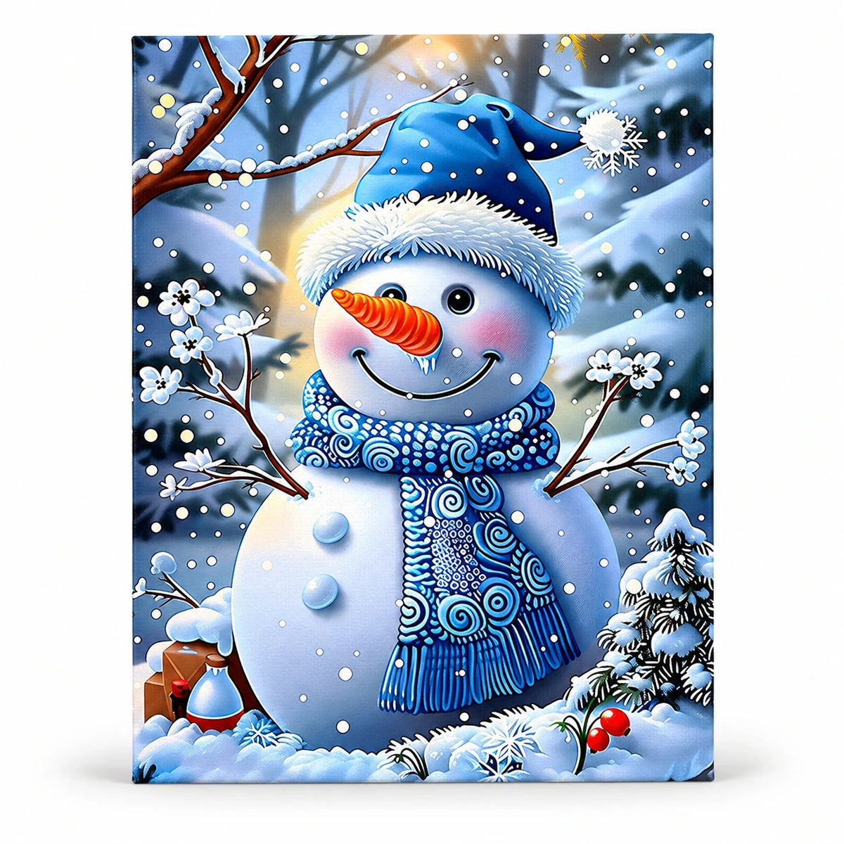 Snowman Winter Garden paint by numbers artwork on a front-facing canvas against a white background