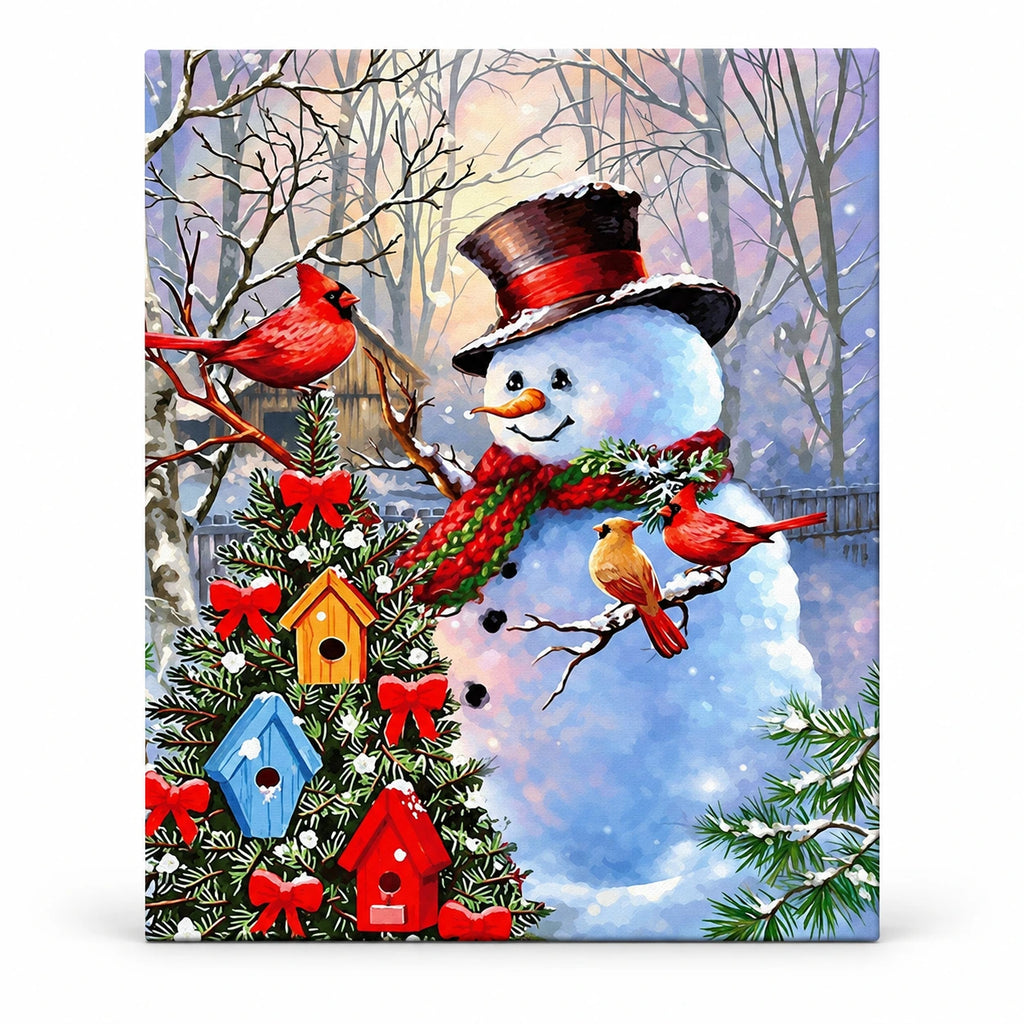 Snowman Festive Bird Garden paint by numbers artwork on a front-facing canvas against a white background