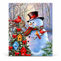 Snowman Festive Bird Garden paint by numbers artwork on a front-facing canvas against a white background