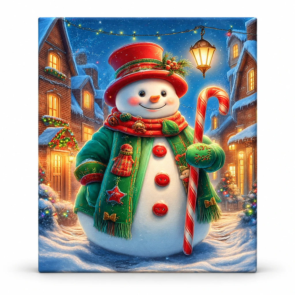 Snowman’s Lanternlit Welcome paint by numbers artwork on a front-facing canvas against a white background