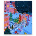 Snowy Alpine Village Christmas Street with Red Car paint by numbers artwork on a front-facing canvas against a white background