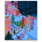 Snowy Alpine Village Christmas Street with Red Car paint by numbers artwork on a front-facing canvas against a white background