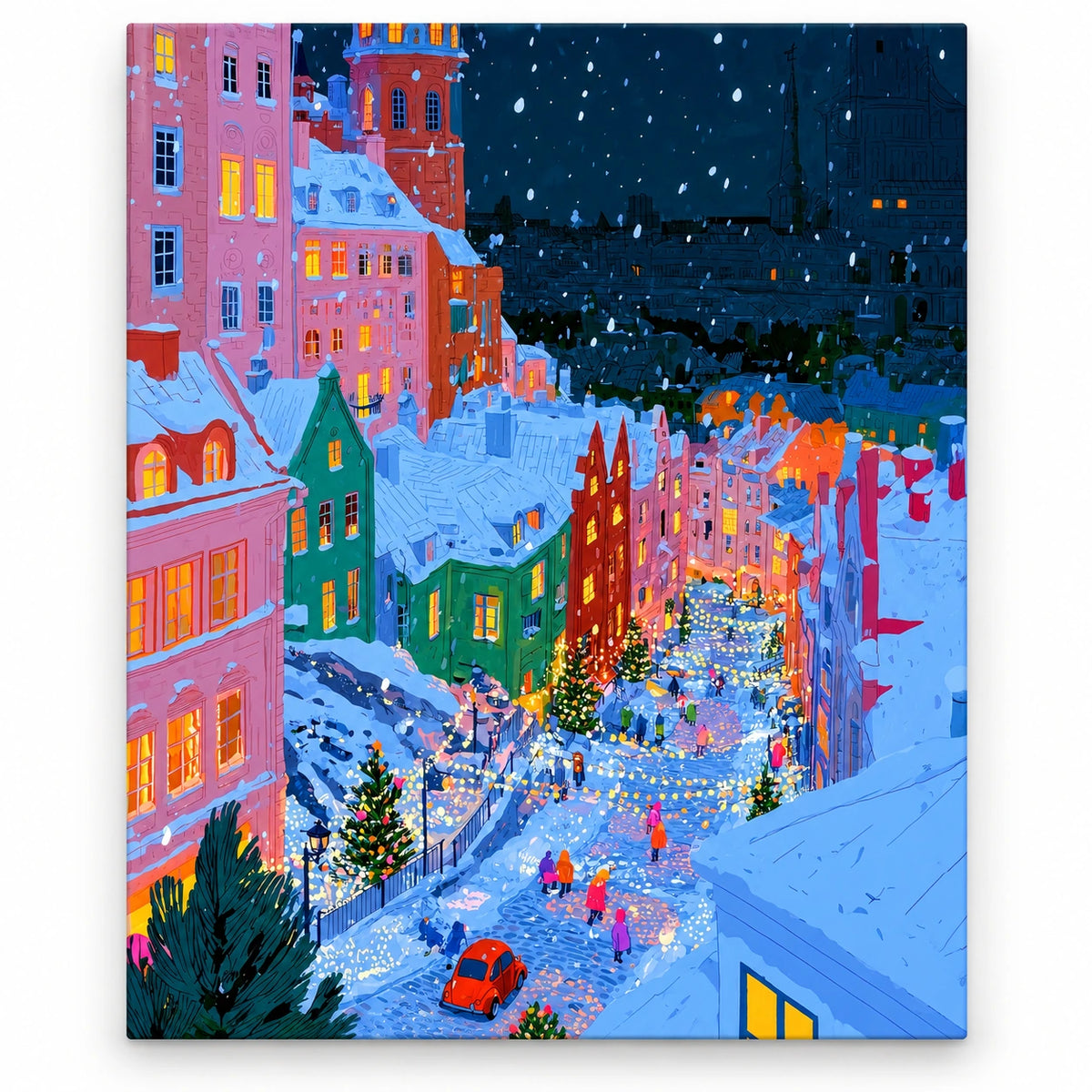 Snowy Alpine Village Christmas Street with Red Car paint by numbers artwork on a front-facing canvas against a white background