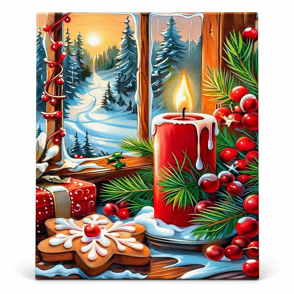 Snowy Candlelit Christmas Window paint by numbers artwork on a front-facing canvas against a white background
