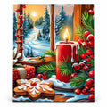 Snowy Candlelit Christmas Window paint by numbers artwork on a front-facing canvas against a white background