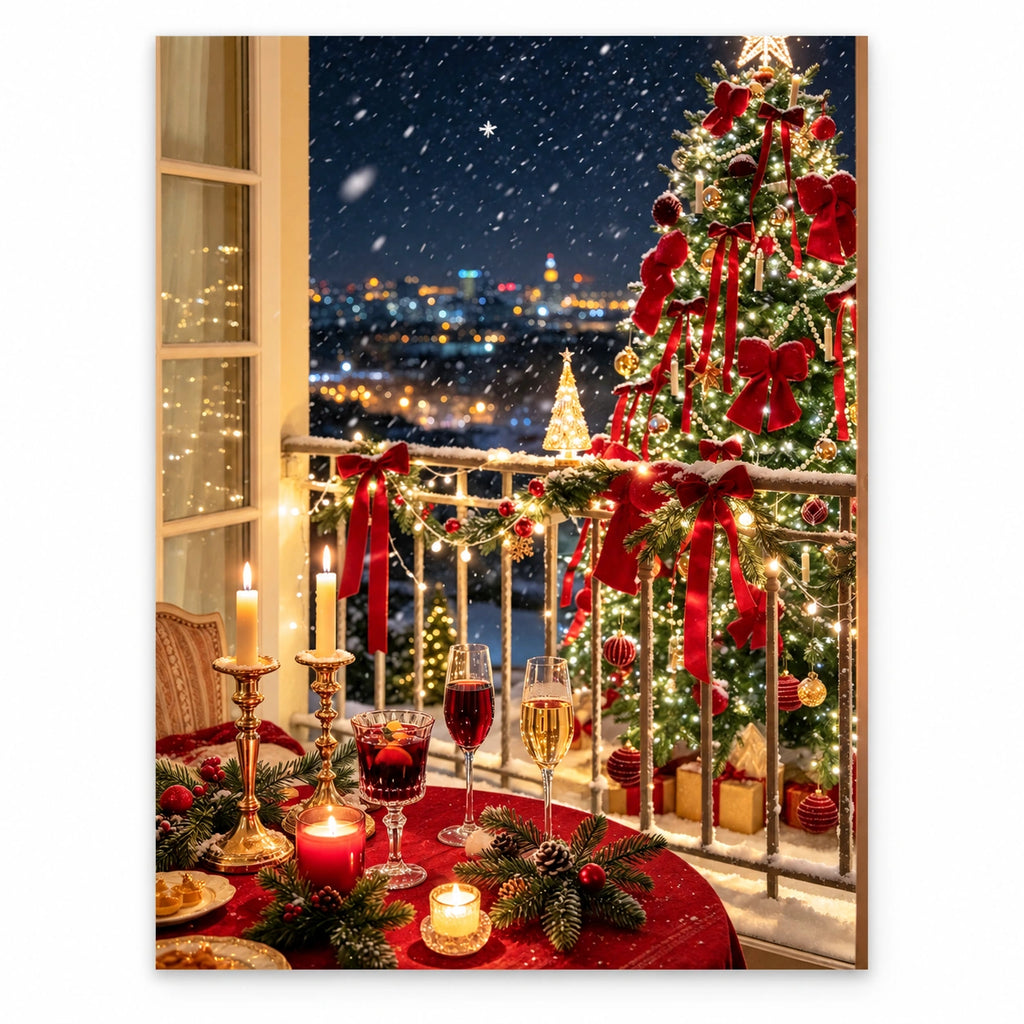 Snowy Christmas Balcony with Red Bow Tree paint by numbers artwork on a front-facing canvas against a white background