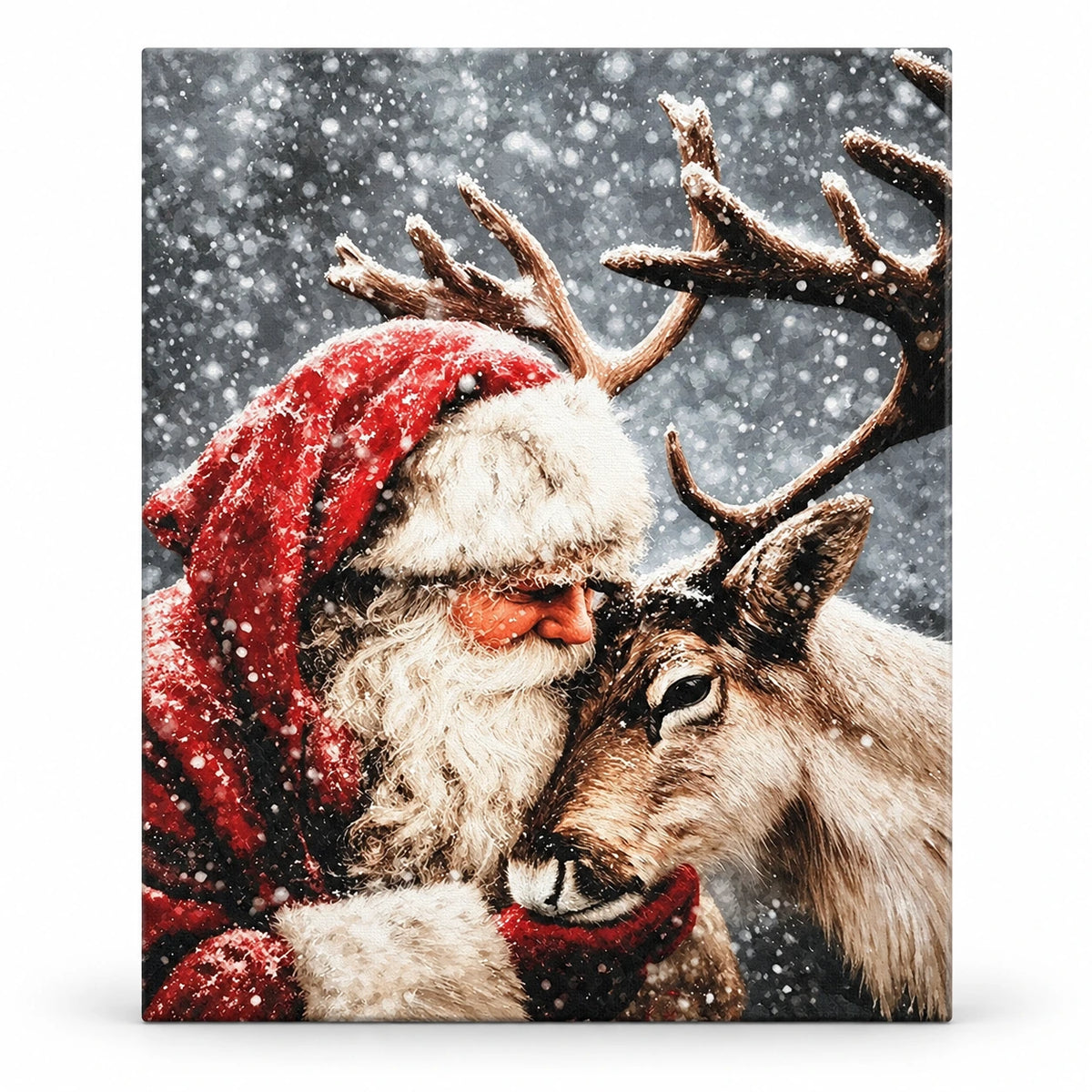Snowy Christmas Companions Santa and Reindeer paint by numbers artwork on a front-facing canvas against a white background