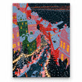 Snowy Christmas Town Square with String Lights paint by numbers artwork on a front-facing canvas against a white background