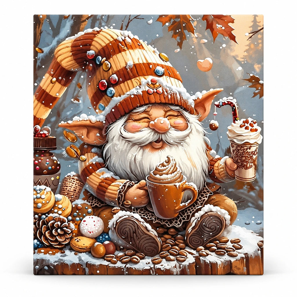 Snowy Gnome Coffee Break paint by numbers artwork on a front-facing canvas against a white background
