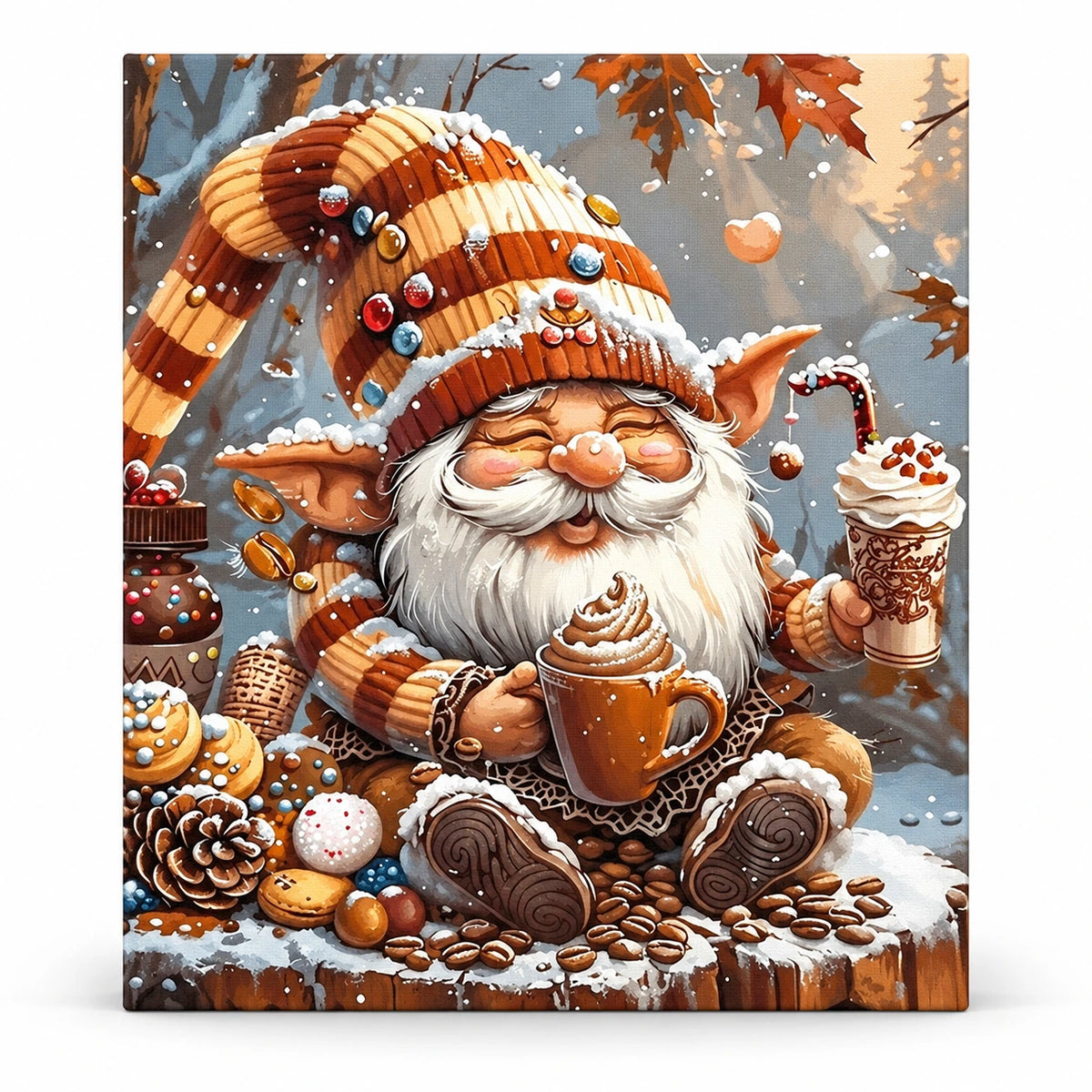 Snowy Gnome Coffee Break paint by numbers artwork on a front-facing canvas against a white background