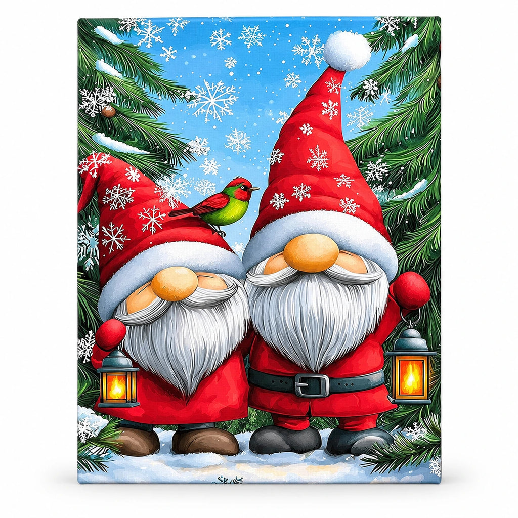 Snowy Gnome Companions paint by numbers artwork on a front-facing canvas against a white background