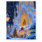Snowy Gothic Church with Stained Glass at Christmas paint by numbers artwork on a front-facing canvas against a white background