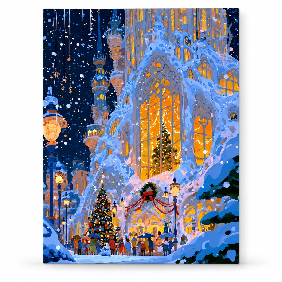 Snowy Gothic Church with Stained Glass at Christmas paint by numbers artwork on a front-facing canvas against a white background